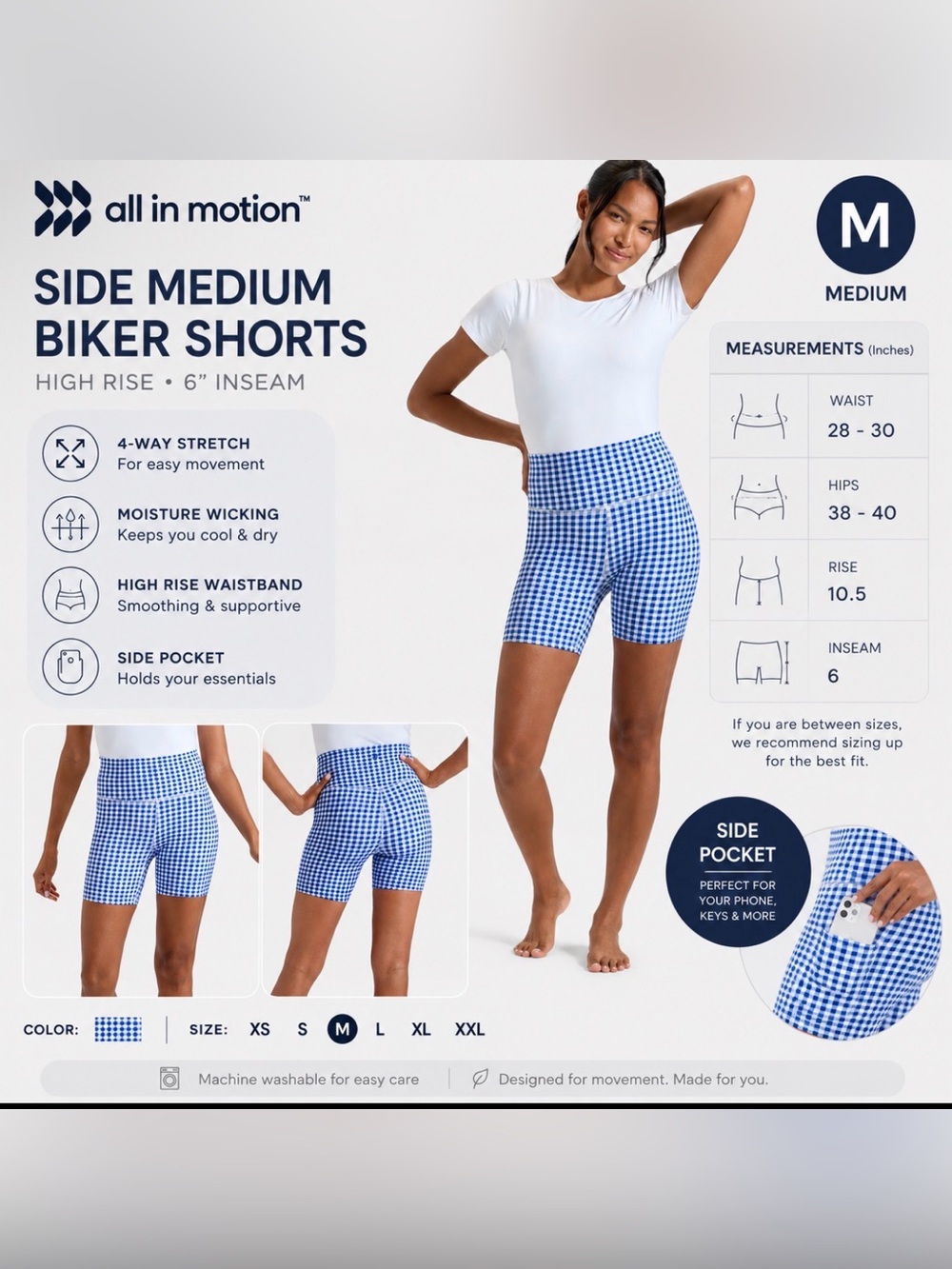 All In Motion Blue Gingham High-Rise Biker Shorts – Women’s Medium NWT